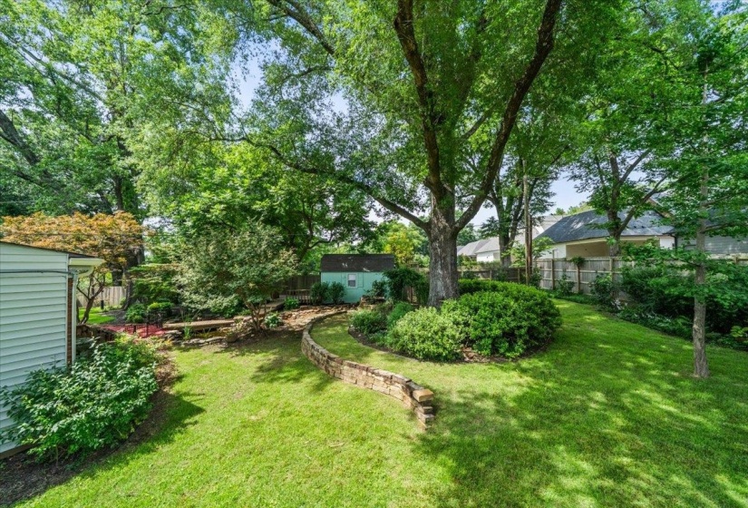 Expansive green space featuring a curved stone retaining wall, mature trees providing natural shade, and a detached storage shed