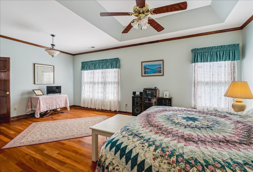 Room featuring wood-finish flooring, light blue wall paint, and a tray ceiling with a ceiling fan