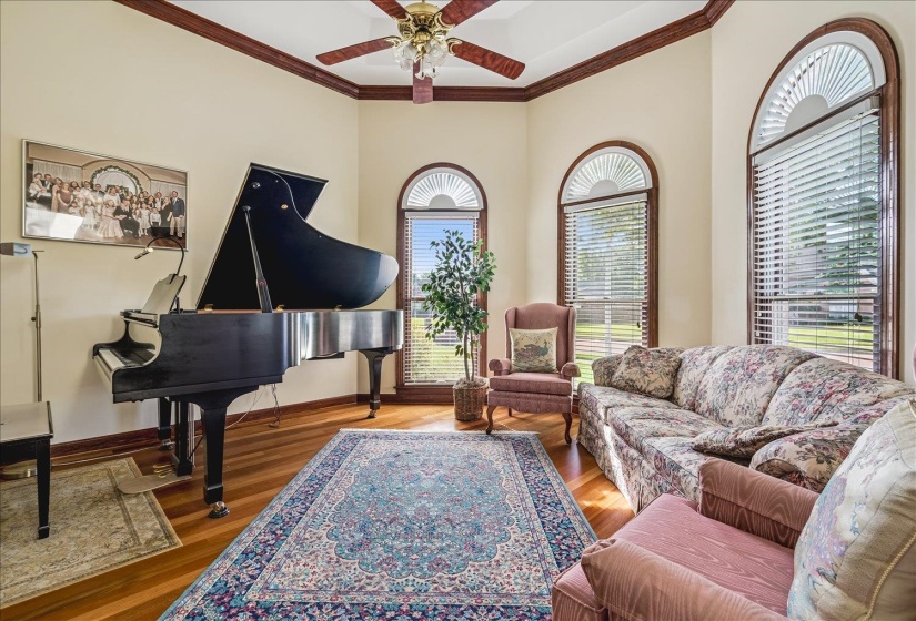 Elegant room featuring multiple arched windows with blinds, wood-finish flooring, and crown molding