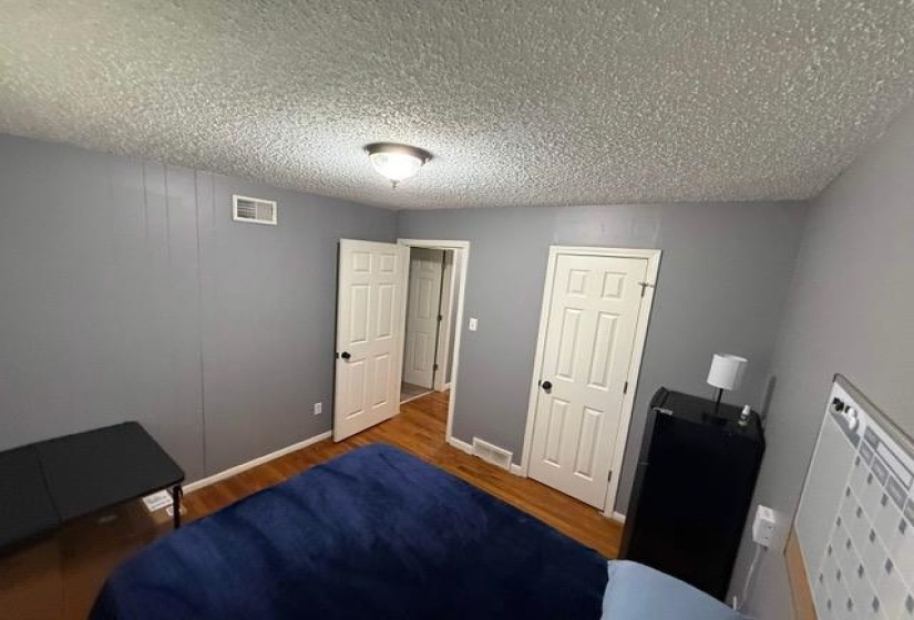Interior room featuring wood-finish flooring, two white panel doors with black hardware, and a ceiling light fixture