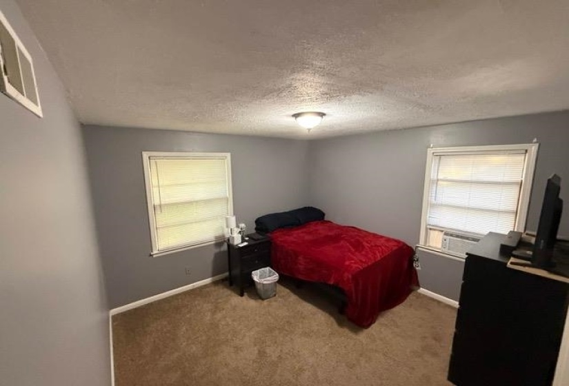 Carpeted room featuring two windows with horizontal blinds, a white ceiling light fixture, and an air conditioning unit