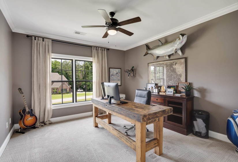 Spacious room featuring broad picture windows, crown molding, and a ceiling fan