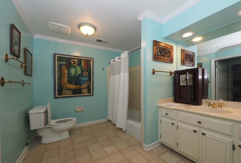Full bathroom featuring ornamental molding, vanity, and shower / bath combination with curtain