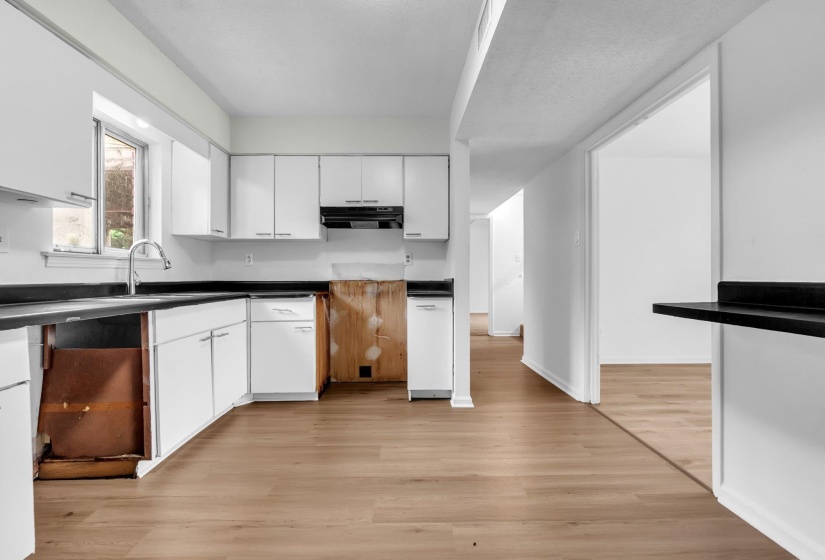 Kitchen featuring white cabinetry, dark countertops, wood-finish flooring, and a stainless steel sink with a single-handle faucet