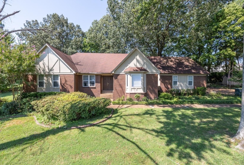 Tudor home featuring brick siding and a front lawn