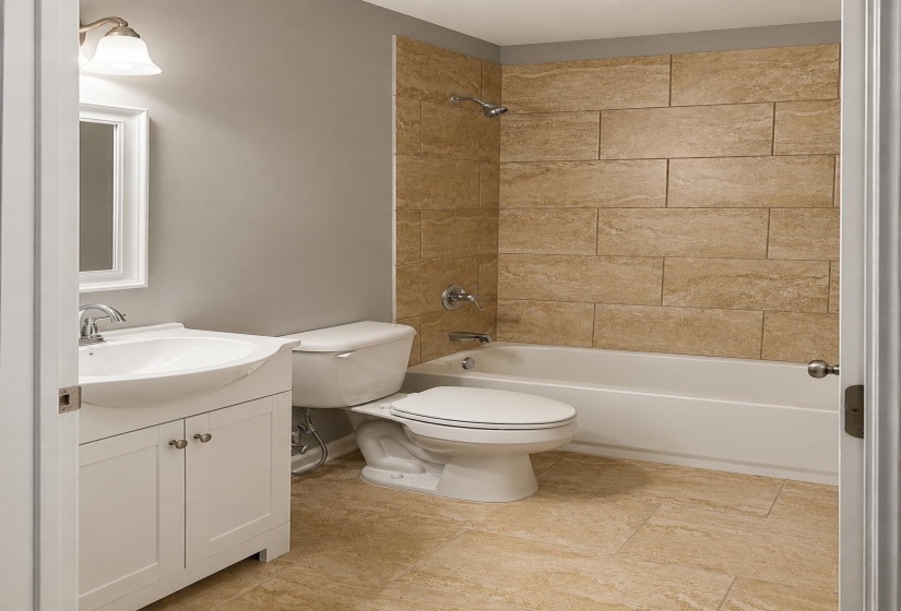 Bathroom featuring a white vanity with cabinet storage, a toilet, a bathtub with a shower, and tan wall tile