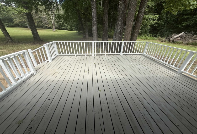 Spacious outdoor deck with white railing, featuring wood-finish decking and a green natural backdrop