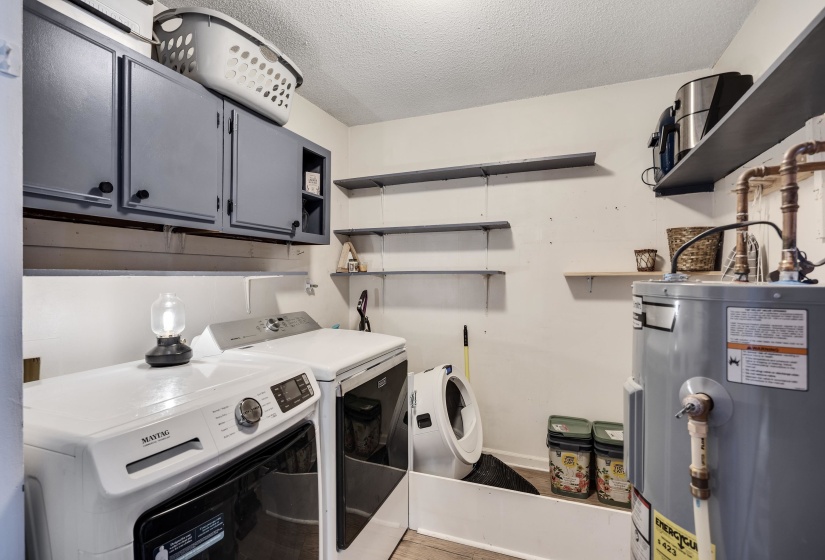 Utility area featuring wall-mounted cabinetry, multiple shelving units, and a water heater with exposed copper piping