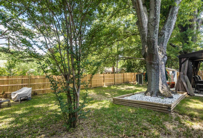 Expansive backyard featuring a new wood privacy fence, mature trees, a tree ring with decorative stone, and a built-in pergola structure