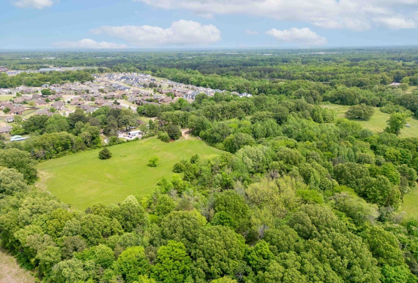 Aerial view featuring a wooded view