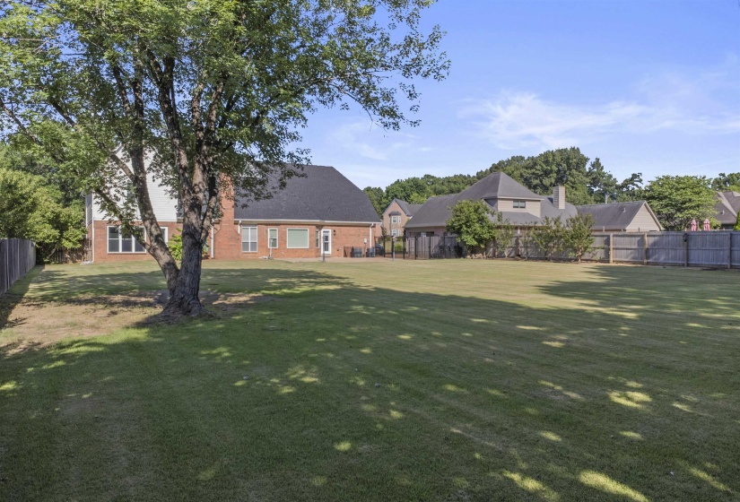 Expansive backyard featuring a manicured lawn, mature trees, and privacy fencing