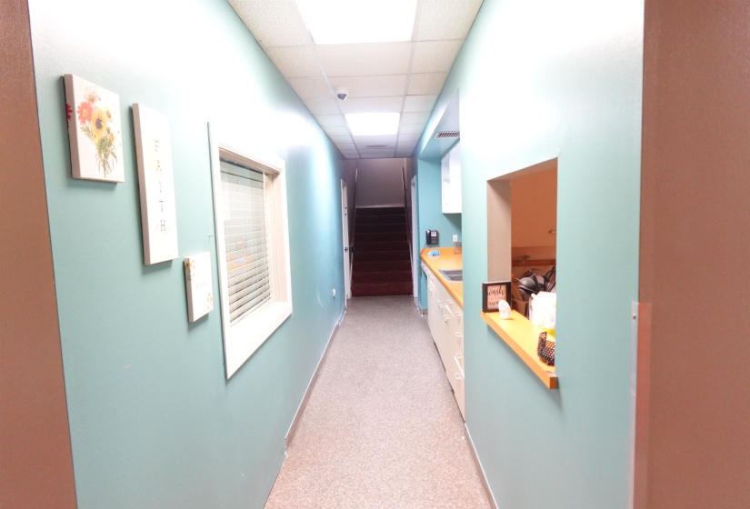 Hall featuring a drop ceiling and light carpet