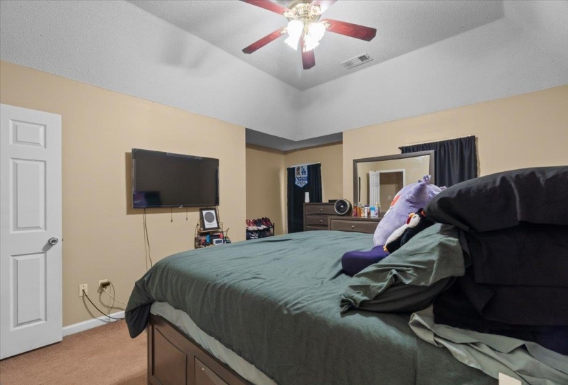 Bedroom with a vaulted ceiling and a ceiling fan light fixture