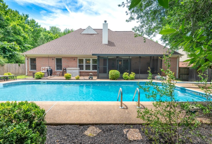 Spacious backyard featuring a large in-ground pool with integrated steps, a surrounding concrete patio, mature perimeter landscaping, and a screened-in porch with ceiling fans