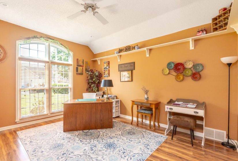 Spacious room featuring a large arched window with blinds, wood-finish flooring, and a vaulted ceiling with a ceiling fan