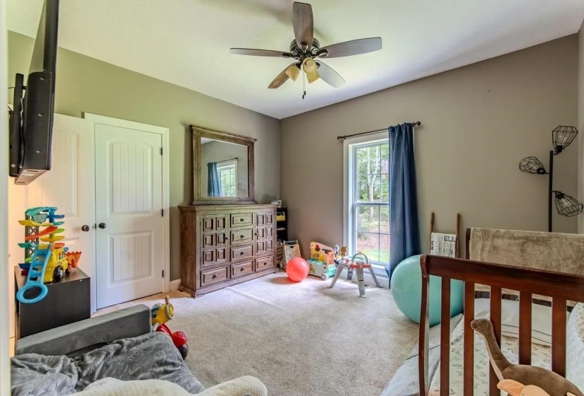 Carpeted room featuring a ceiling fan, a window with exterior views, and a white paneled door