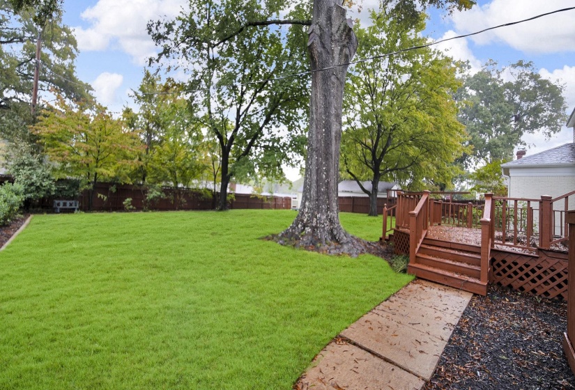 Fenced backyard featuring a deck