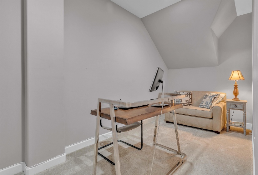 Room featuring angled ceilings and neutral gray walls