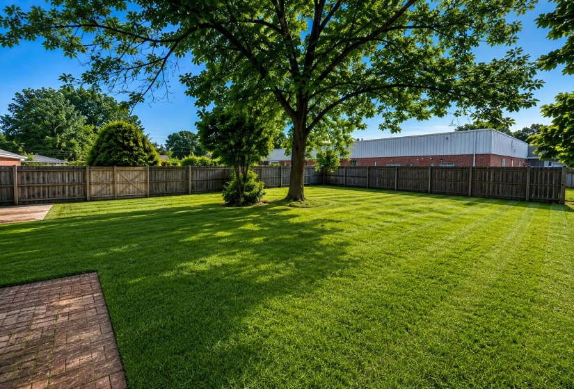 Expansive backyard featuring a large established tree, a manicured lawn, full privacy fencing, and a brick paver patio area