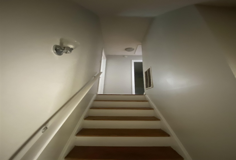Staircase featuring wood-finish treads, white risers, and a white handrail