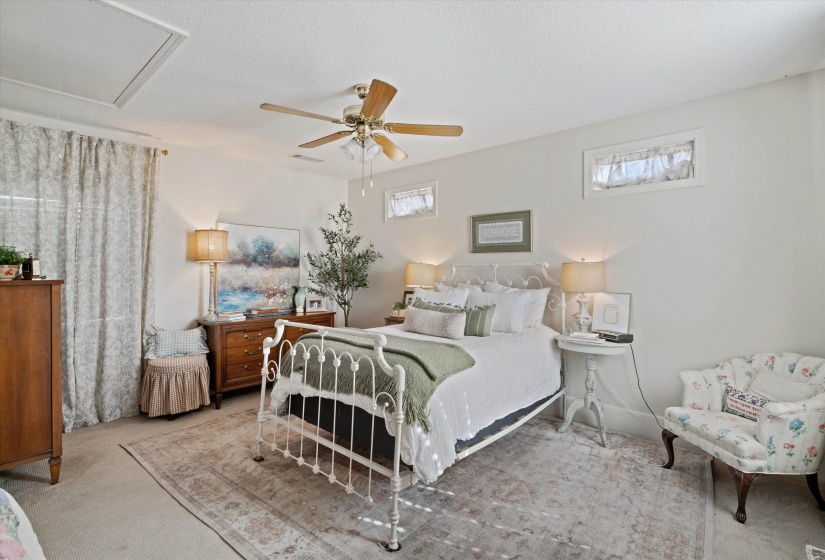 Carpeted room featuring a ceiling fan, patterned area rug, and window treatments