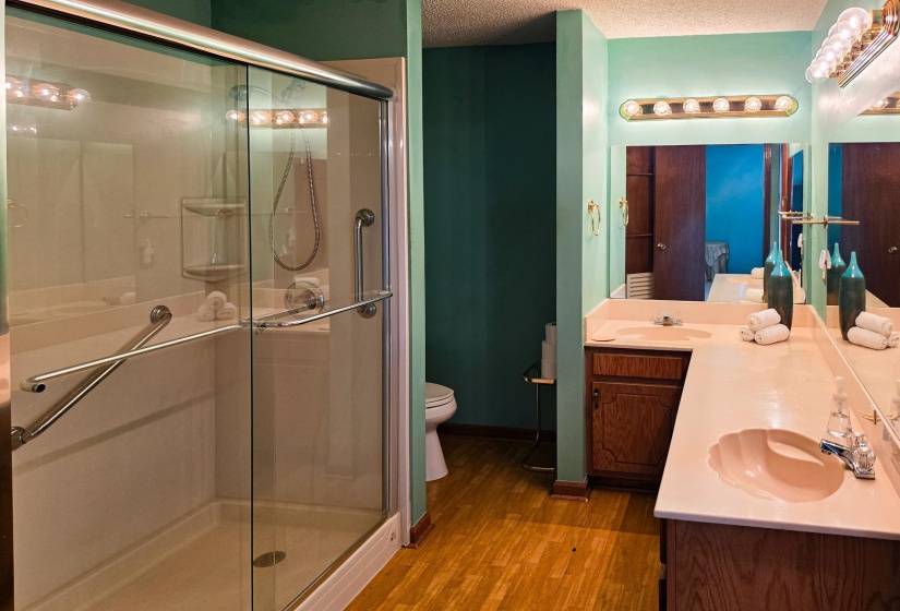 Bathroom featuring a glass-enclosed shower with grab bars, a double vanity with shell-shaped sinks, a mirror with multi-bulb light fixtures, and wood-finish flooring
