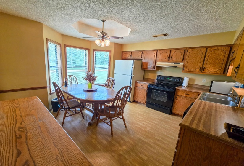 Kitchen featuring wood-finish flooring, wood cabinetry, laminate countertops, and a bay window with a ceiling fan