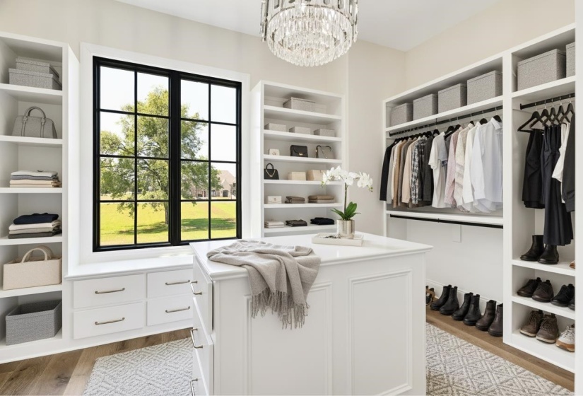 Custom closet featuring built-in shelving, hanging rods, and an island with drawer storage