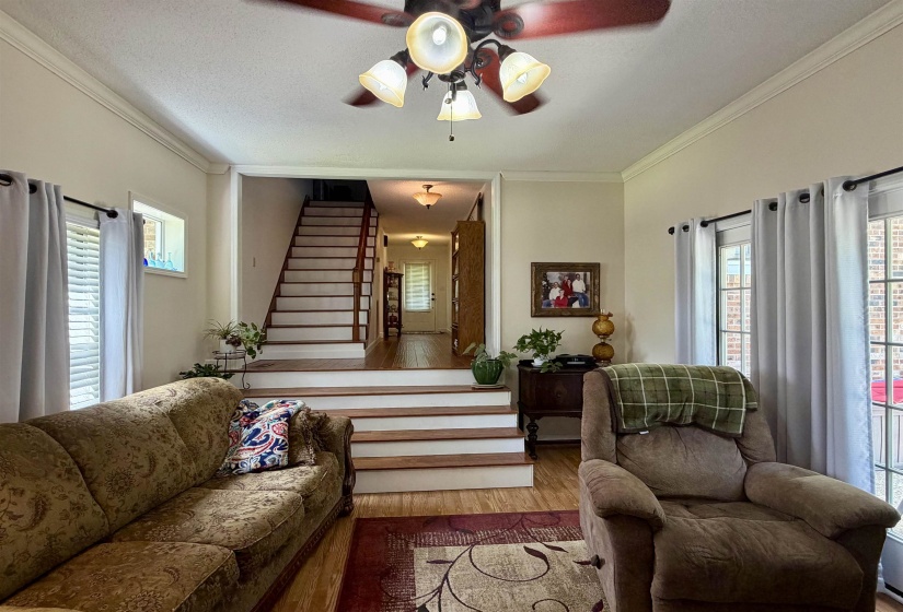 Open living area featuring wood-finish flooring and crown molding
