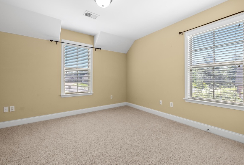 Carpeted room featuring two windows with white blinds, neutral wall tones, white baseboards, and a semi-flush ceiling light fixture