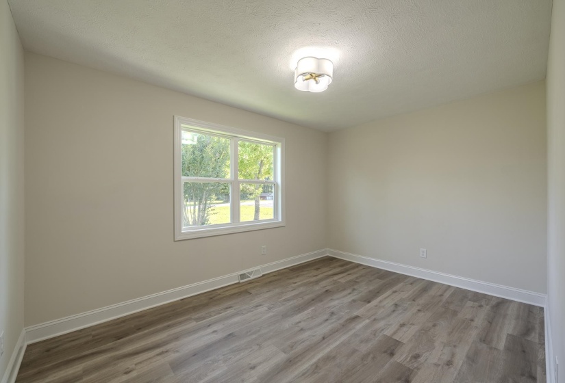 Bright room with wood-finish flooring, a contemporary ceiling light fixture, and a multi-pane window