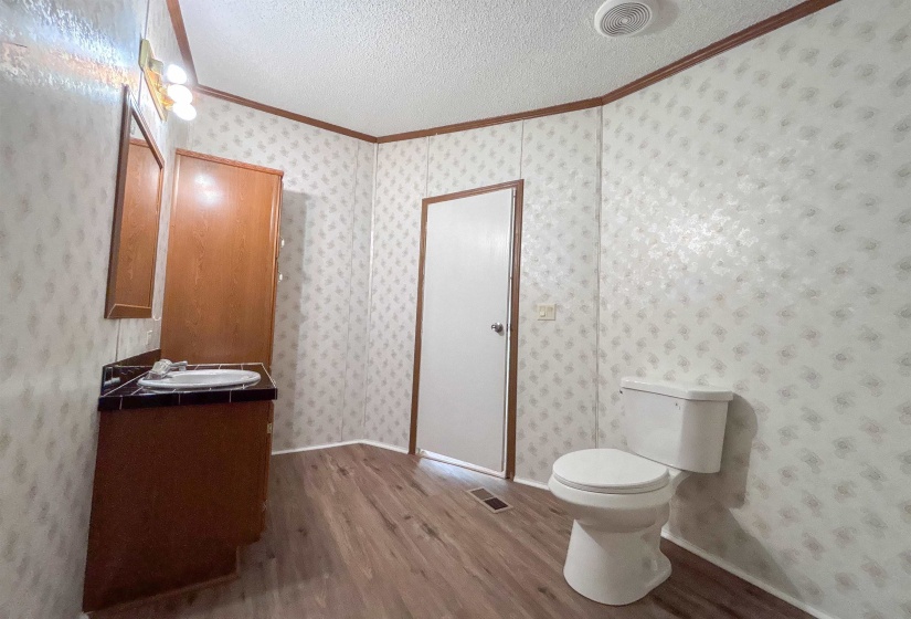 Bathroom featuring wood-finish flooring, a white toilet, and a vanity with an integrated sink
