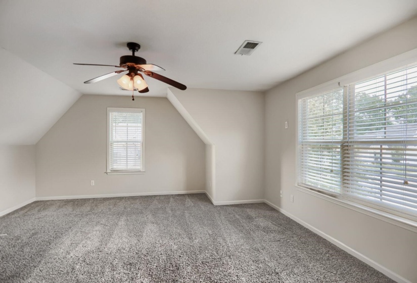 Carpeted room with a multi-pane window and attic architectural details