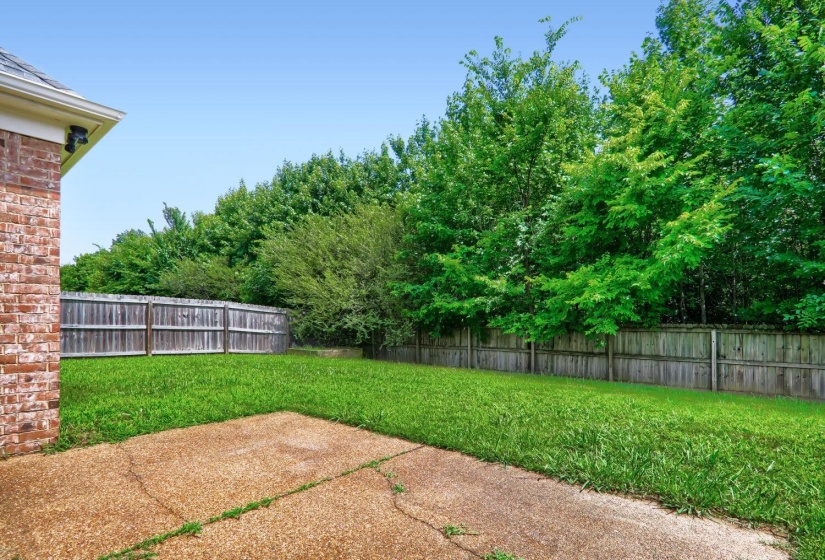 Spacious backyard with a large concrete patio, surrounded by a wood privacy fence and mature trees
