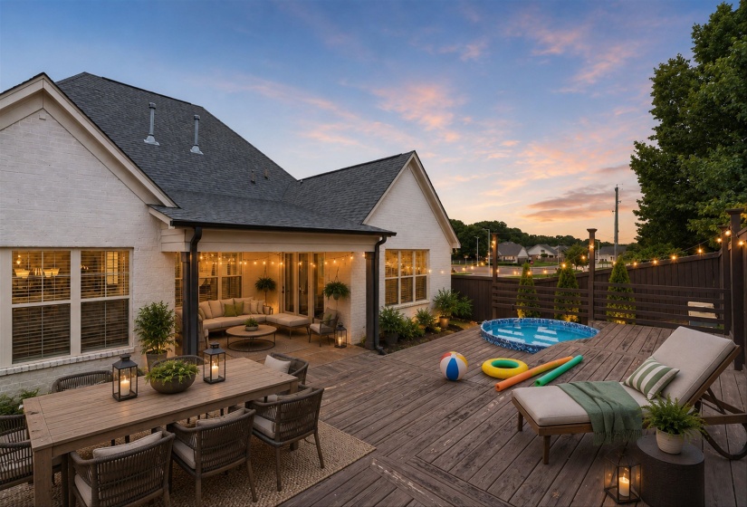 Spacious backyard featuring a multi-level wood-finish deck, covered patio, white brick exterior, dark-stained privacy fencing, and built-in landscape lighting