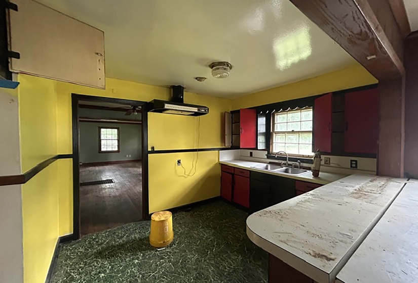 Kitchen featuring green patterned flooring, dual basin sink, and red and black cabinetry