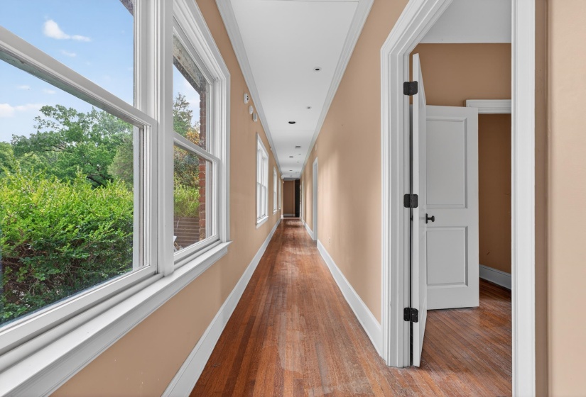 Elongated hallway featuring wood-finish flooring, numerous windows with white trim, and a neutral wall color