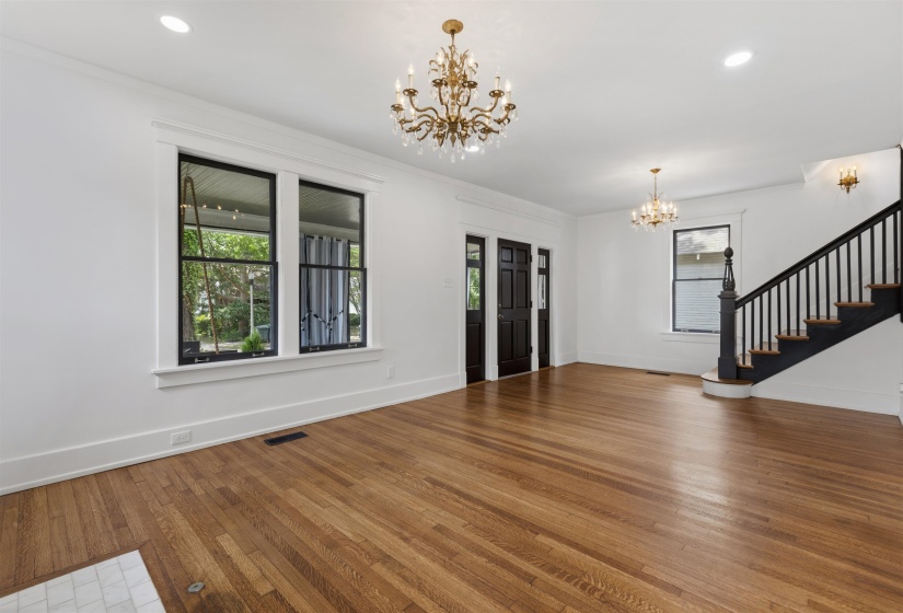 Hardwood flooring throughout the main living space