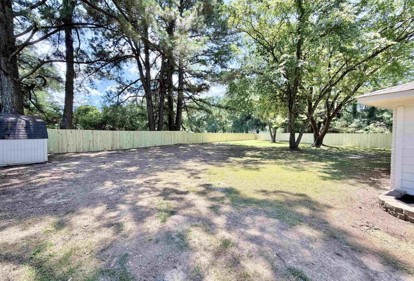 Expansive backyard featuring a newly installed privacy fence, mature trees, a storage shed with an asphalt shingle roof, and a stone-clad foundation detail along the main structure