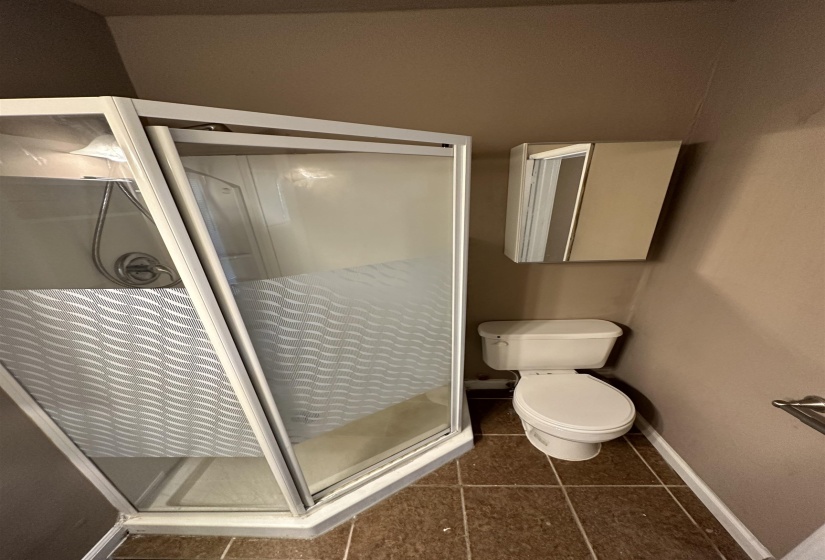 Three-quarter bathroom featuring a corner shower enclosure with patterned glass, a white toilet, and brown-toned square tile flooring