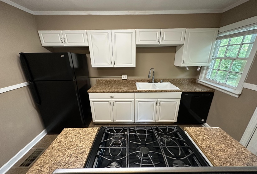 Kitchen featuring white cabinetry, speckled countertops, a double basin sink, a black gas range, and a black dishwasher
