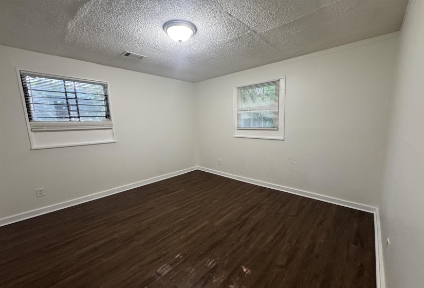 Spacious room featuring wood-finish flooring, white walls, and two windows