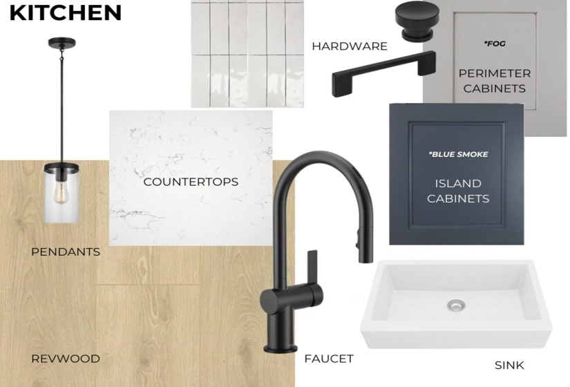 Kitchen Design Board. Displaying material and finish selections for the property's kitchen