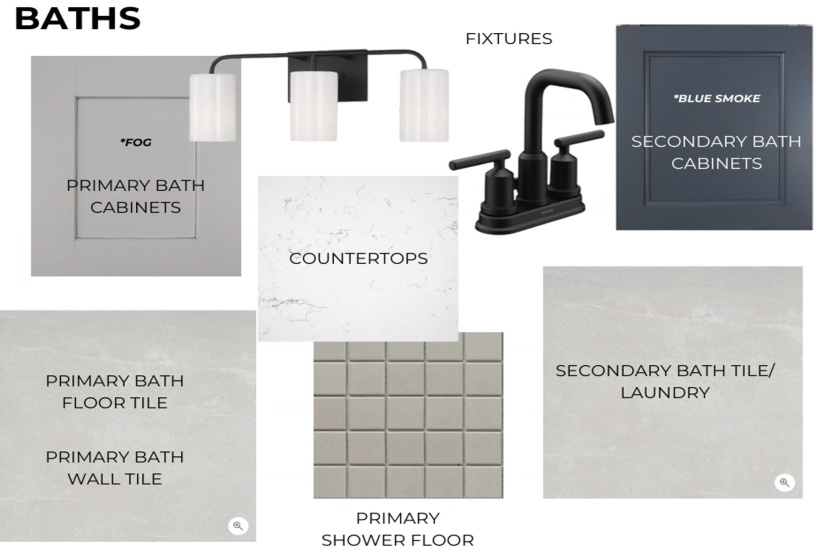 Design Board, Baths Section. Presenting material and fixture selections for the property's primary and secondary baths