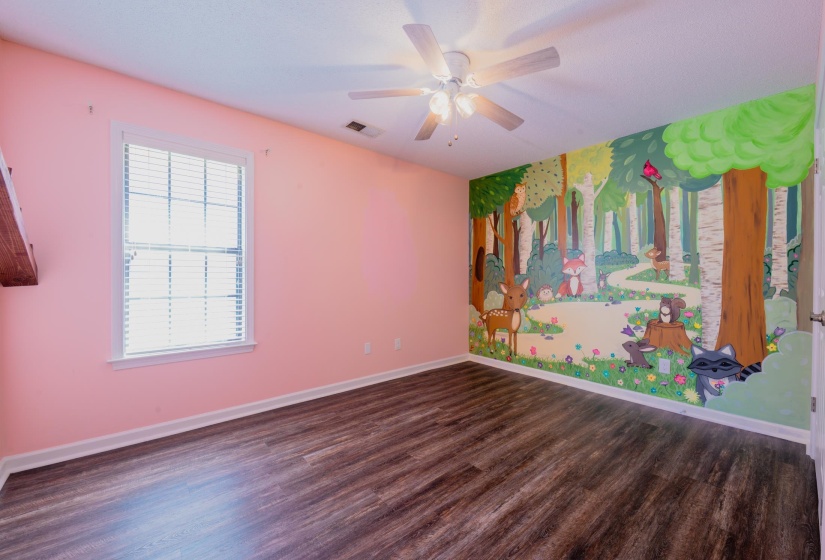 Room featuring a vibrant mural, wood-finish flooring, a ceiling fan, and a window with blinds