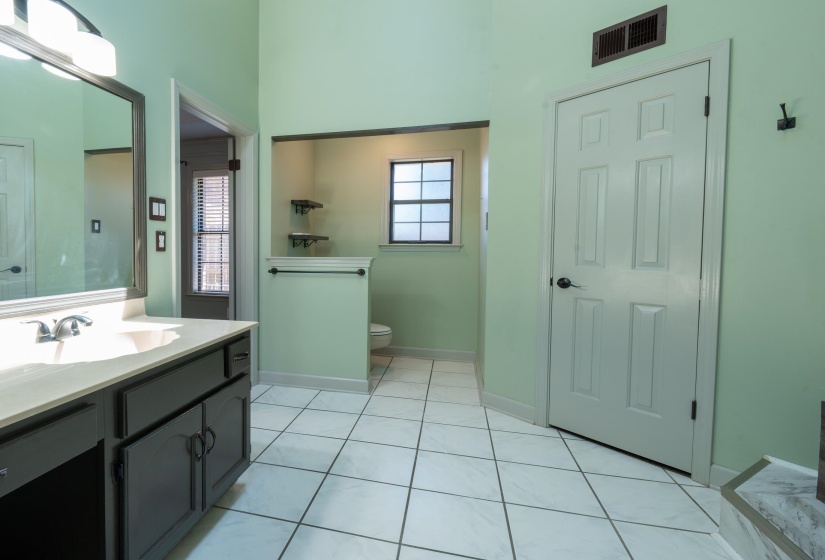 Bathroom featuring a single vanity with a dark cabinet, light countertop, and mounted mirror