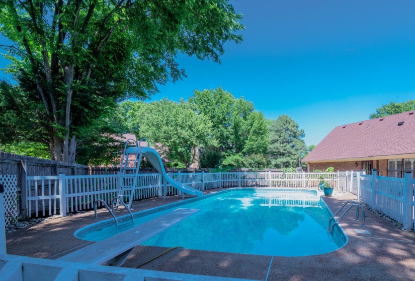Backyard swimming pool featuring a diving board, water slide, and ladder access