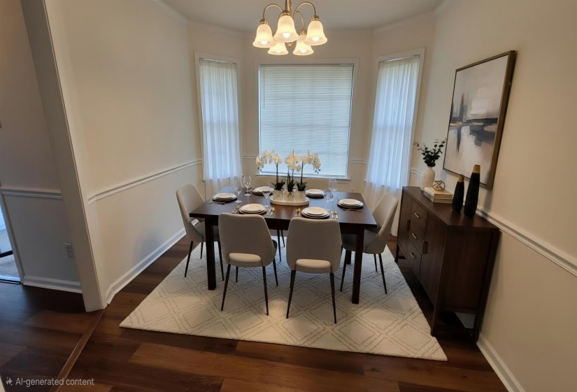 Dining area featuring wood-finish flooring and a bay window