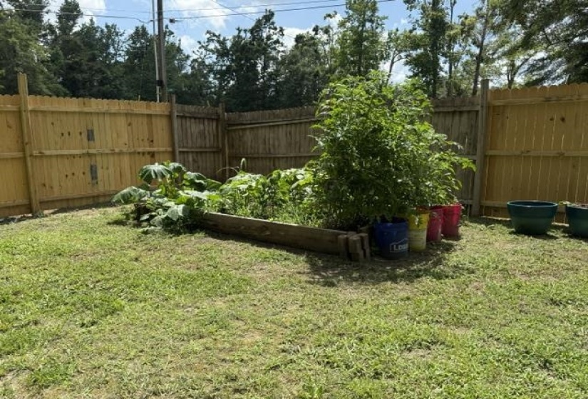 Spacious backyard featuring a raised garden bed, established plants, and a wood privacy fence