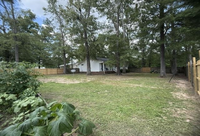 Expansive backyard featuring a partial wood privacy fence, mature trees, and a white-sided residence in the background